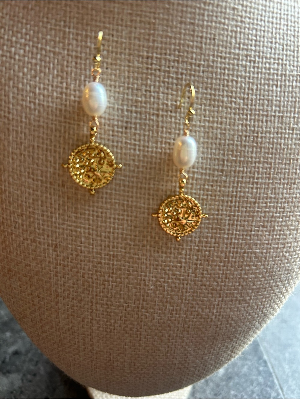 Gold coin freshwater Pearl Drop dangle Earrings - Women Jewelry